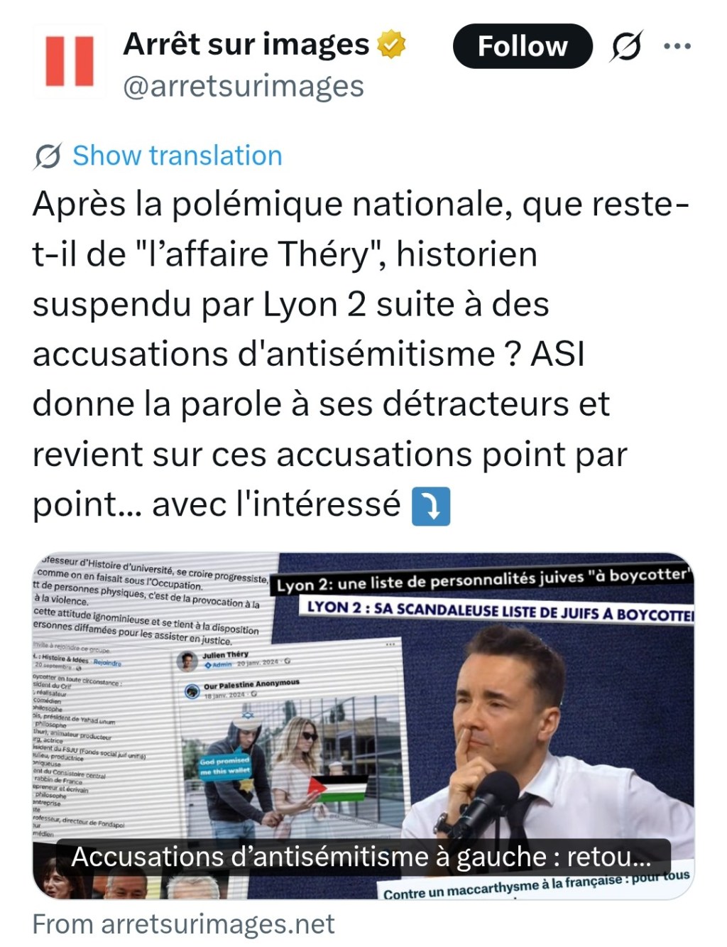 Tweet d'arrêt sur images annonçant l'article sur l'affaire Théry