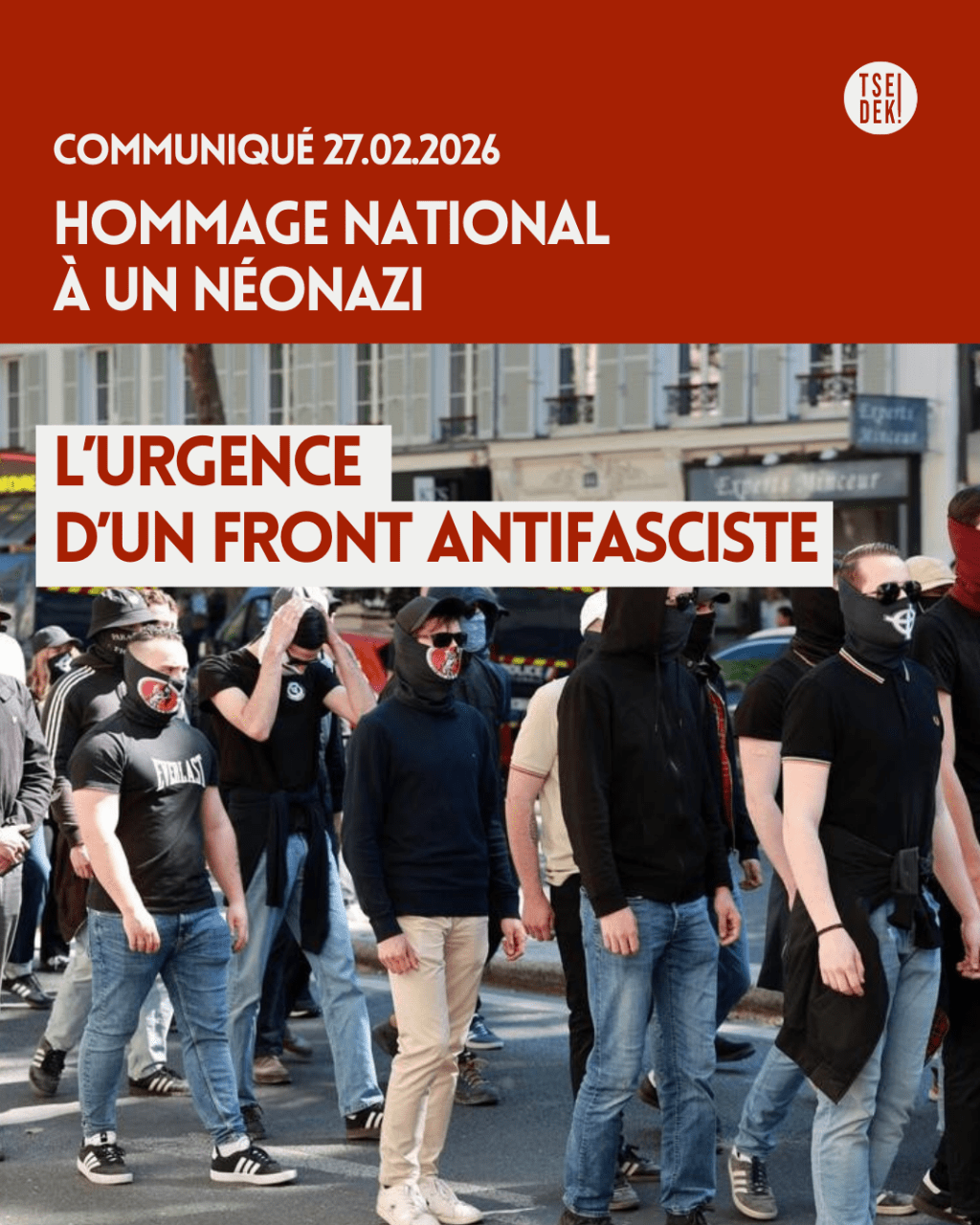 Couverture du communiqué. Photo d'un défilé néonazi
