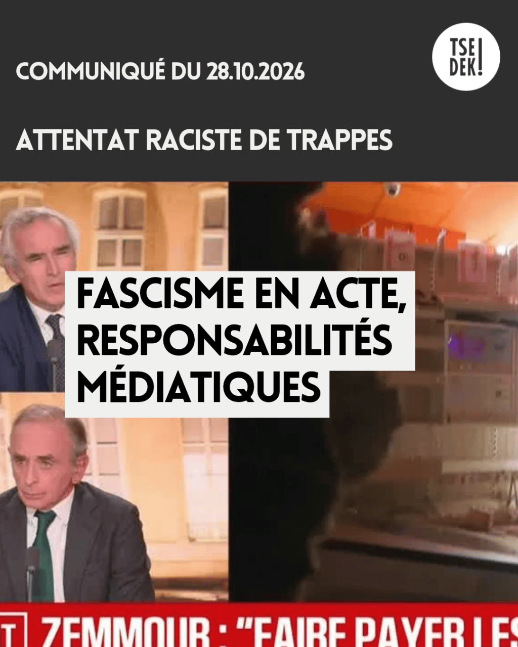 Couverture avec le titre du communiqué. En fond une capture d'écran de CNews avec Éric Zemmour